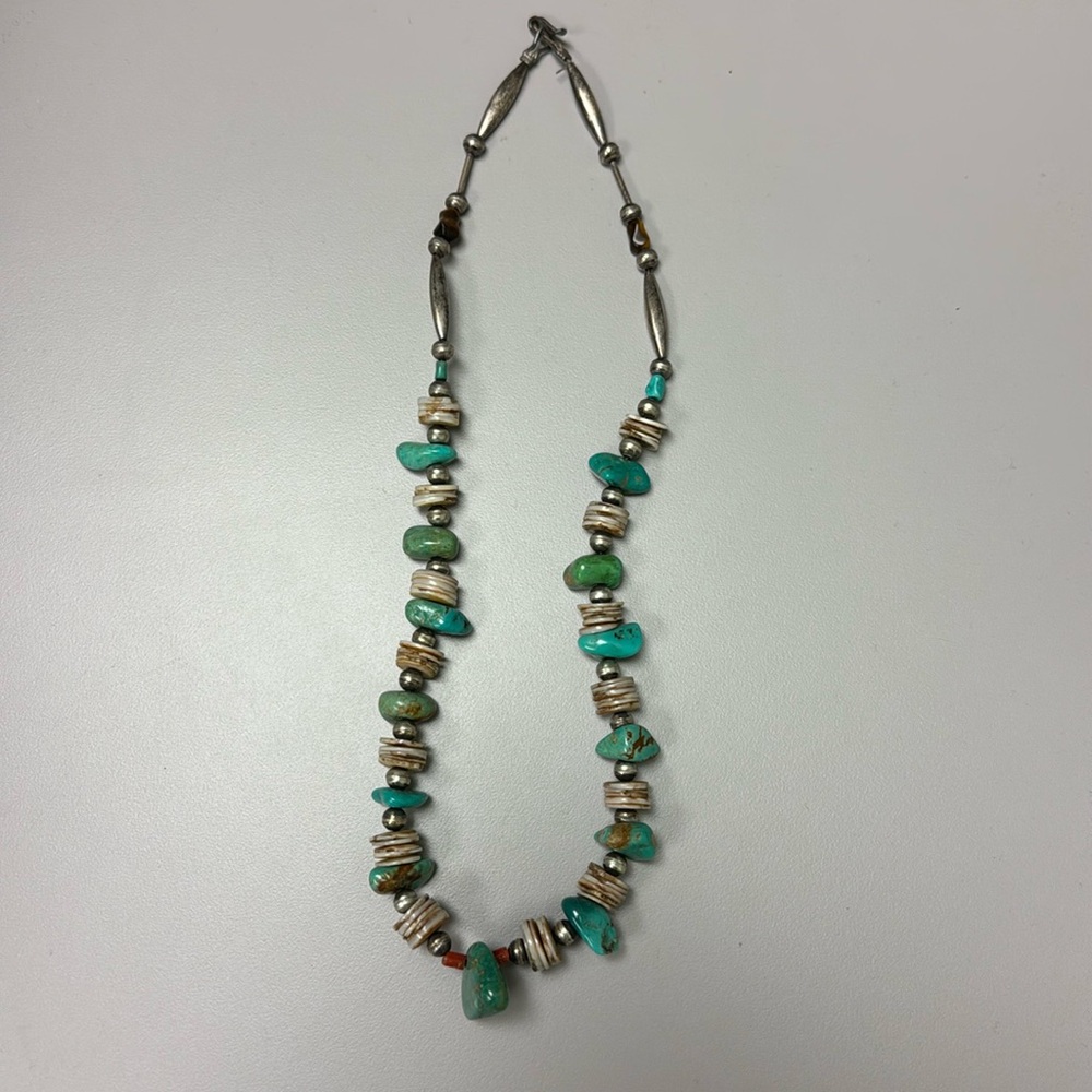 Handcrafted Turquoise and Silver Beaded Necklace- Native American necklace 21 in